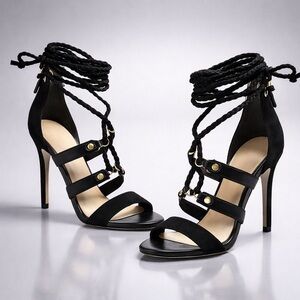 Marciano Black Lace-Up Stiletto Sandals Leather Suede | NWT | Size 7.5